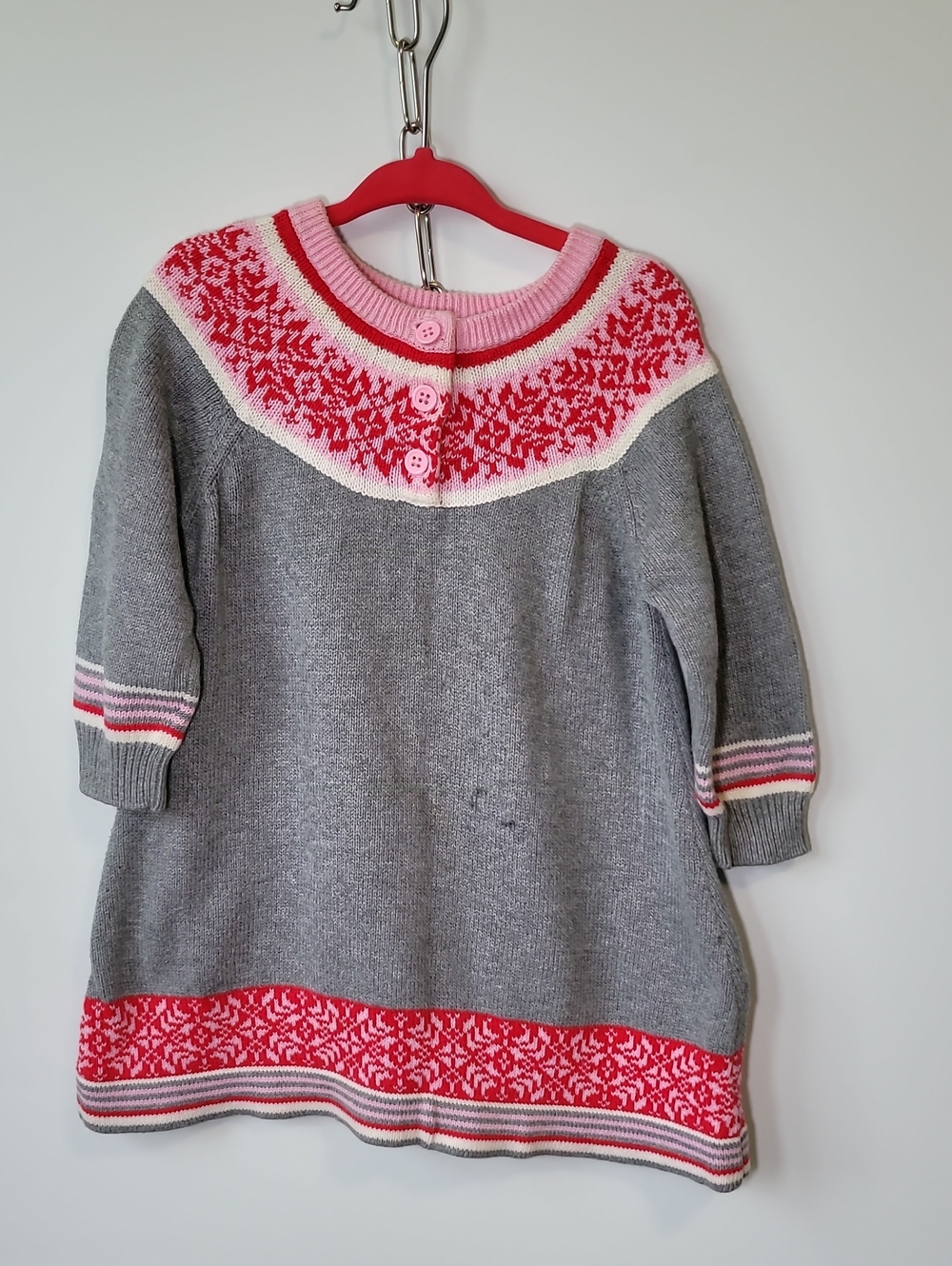 Hanna Andersson Gray Knit Crewneck Dress with Pink & Red Fair Isle Yoke